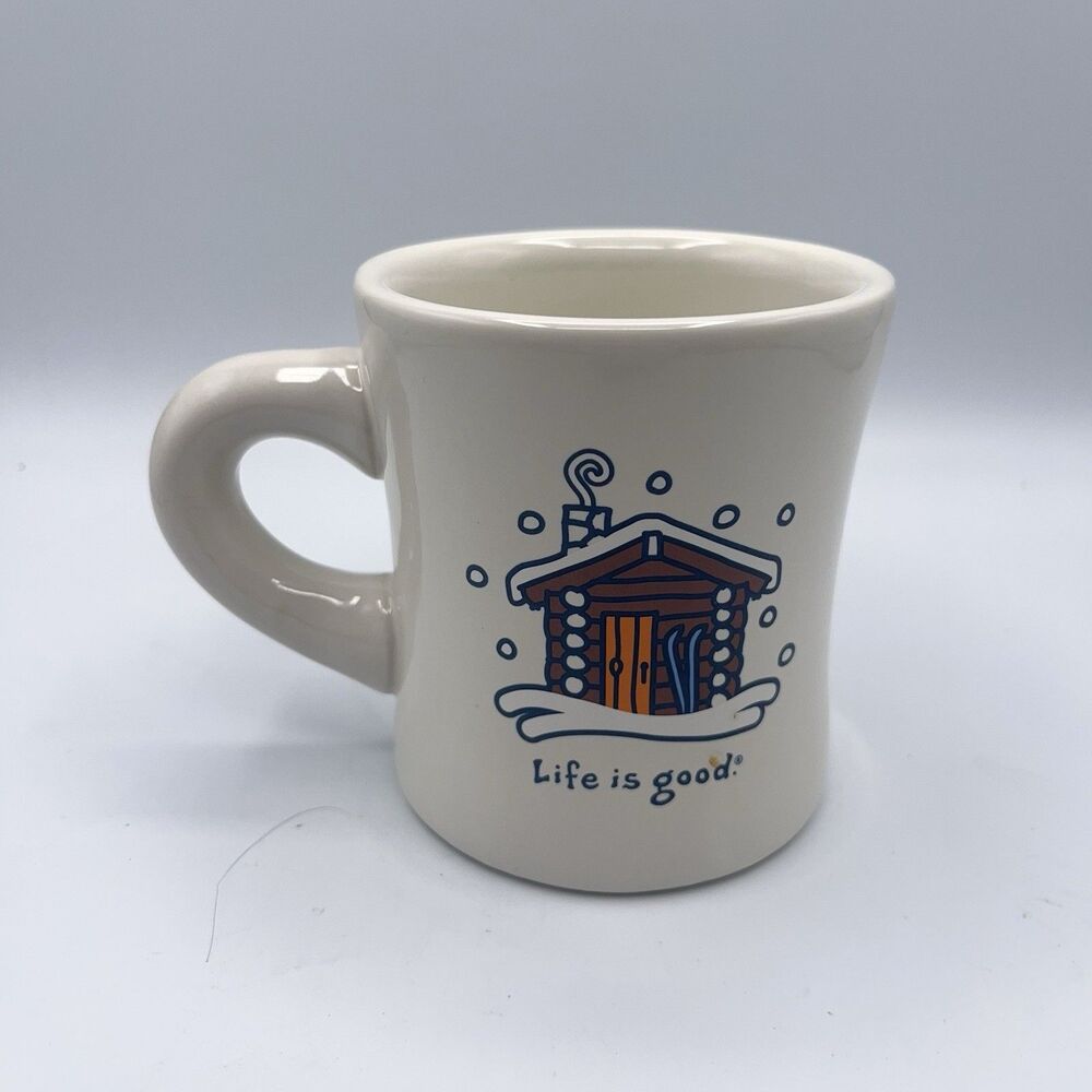 Life is Good Coffee Cup Diner Mug Snowy Cozy Cabin "Like What You Do" Alpine Ski